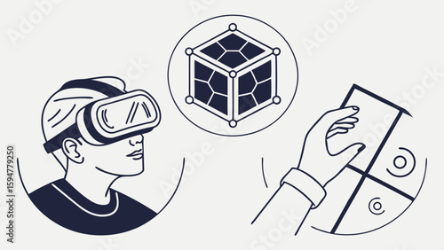 Monochrome line art illustration of a person using AR/VR technology, a 3D digital cube, and a hand interacting with a screen, depicting metaverse.