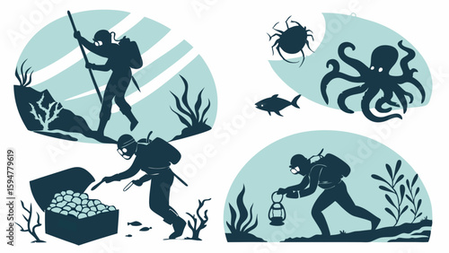 Captivating Vector Silhouettes of Scuba Divers on an Underwater Adventure, Exploring Deep Ocean Depths, Discovering Sunken Treasure, and Encountering Marine Life.