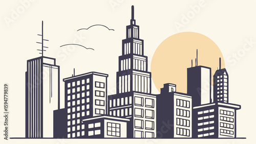 Hand-drawn urban cityscape sketch featuring tall modern skyscrapers and buildings under a warm sun. Vintage line art illustration of a bustling city skyline.