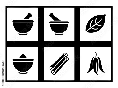 Collection of culinary and herbal ingredients icons for food preparation