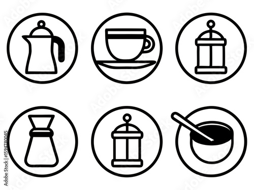 Collection of coffee and tea related icons on an white background