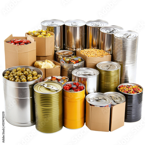 Assorted Canned Goods and Packaged Foods in Various Containers for Culinary Use on transparent background
