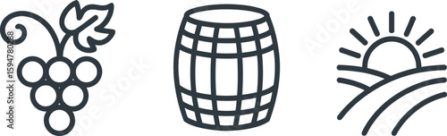 Isolated Grape Branch, Wood Barrel, Field Outline Icons on Transparent Background