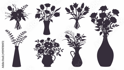 Elegant black flower silhouettes set. Diverse floral bouquets in various vases and hand-tied arrangements, perfect for decorative design elements and botanical art.