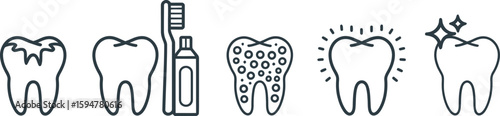 Line Icons Caries Tooth, Toothbrush and Paste, Decayed, Healthy, Shining Tooth