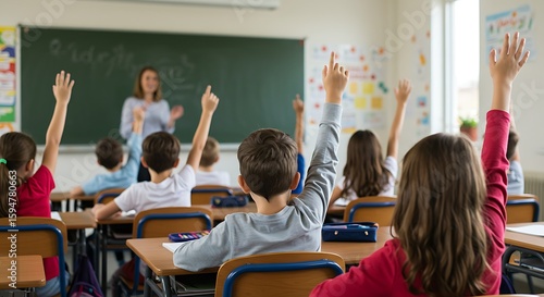 Learning and Interaction: A Group of Elementary School Kids with Hands Up in a Classroom Setting, Indicating Enthusiasm and Engagement with Their Teacher