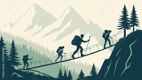 Five hikers with backpacks and poles cross a suspension bridge over a mountain valley with pine trees in a two color minimalist silhouette style.
