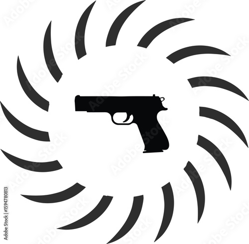 Gun silhouette inside circular abstract swirl pattern, firearm vector symbol, weapon logo design, pistol icon graphic, tactical illustration concept.