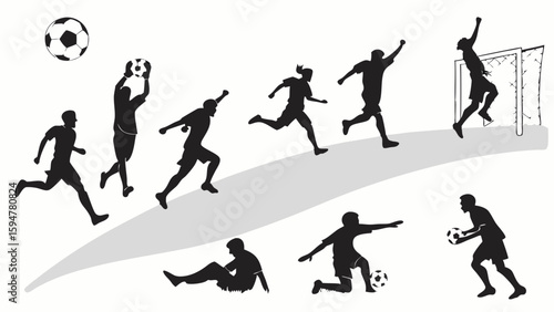 Dynamic black and white soccer player silhouettes in various action poses. Football athletes running, kicking, heading, dribbling, and scoring goals on a field.