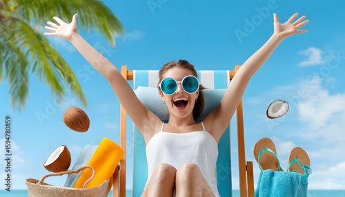 Young woman on beach chair smiling. Travel vacation concept