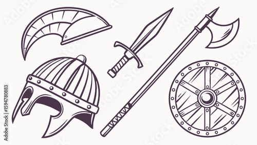Vintage outline vector illustration of medieval Viking weapons and armor set helmet shield sword axe and ancient battle gear collection