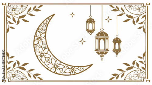 Elegant Islamic Ramadan Eid Mubarak vector art featuring ornate crescent moon stars and decorative hanging lanterns with intricate floral patterns on a white background.