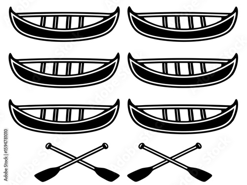 Simple black and white illustration of canoes and paddles