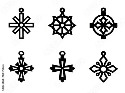 Collection of six stylized religious symbols on an white background