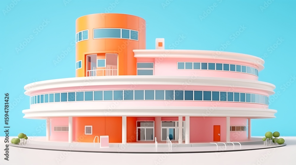Fototapeta premium Hyper-modern clinic building model with recessed windows, placed on pastel coral background, medical clean design, sharp realism .