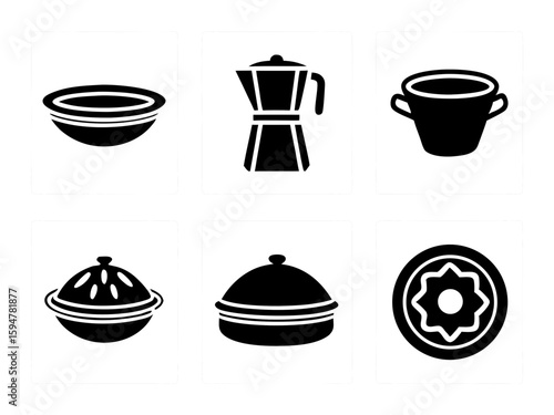 Collection of six black and white kitchenware icons on white backgrounds