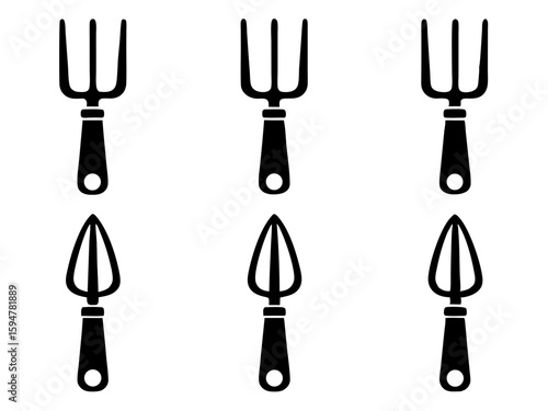 Collection of black silhouettes of garden tools on a white background