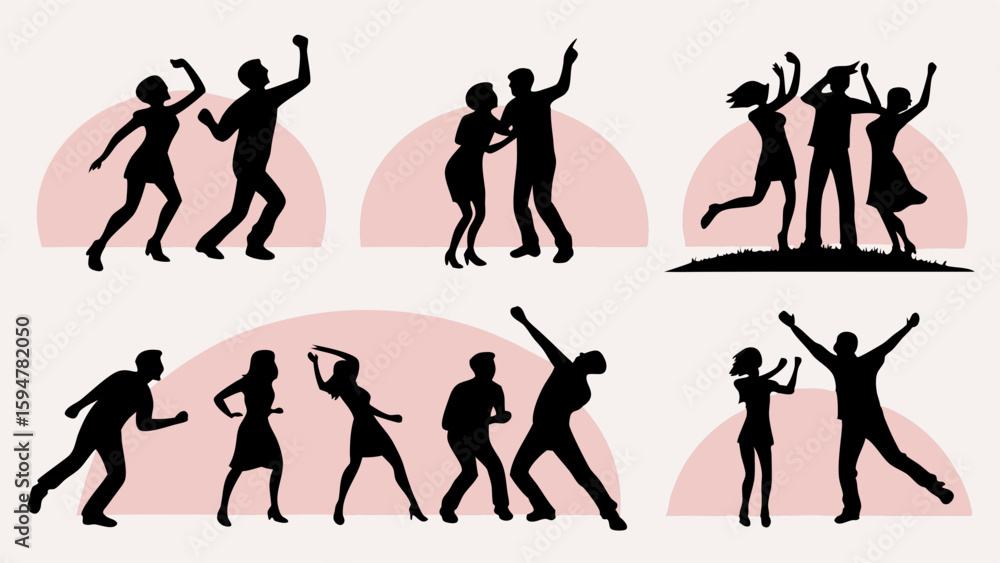 Obraz premium Dynamic silhouettes of happy people dancing at a party or celebration event, vector illustration showcasing men and women having fun together on a light background.