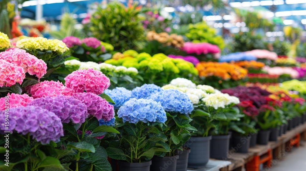 Fototapeta premium Colorful hydrangeas in various shades displayed for sale.