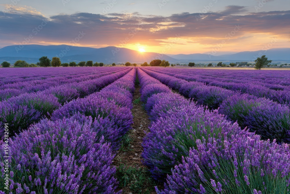 Naklejka premium Vast lavender field under a dramatic sunset sky with mountains in the distance