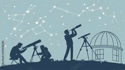 Stargazers with telescopes and an observatory dome observe constellations in a blue night sky. Detailed flat silhouette vector illustration of astronomy.