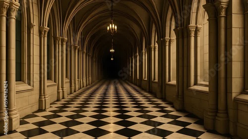 Gothic Stone Corridor with Arched Ceilings and Checkered Floor in Historic Medieval Castle Interior
