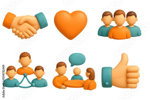 3d icons of teamwork and communication in orange and blue