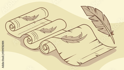 Vintage cartoon illustration of antique parchment scrolls with feather designs and a classic quill pen, perfect for historical writing, ancient documents, and literature.