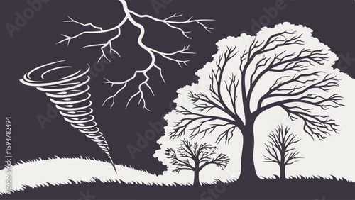 Intense black and white storm graphic with lightning bolts, a destructive tornado, and stark silhouetted trees on a dark landscape.