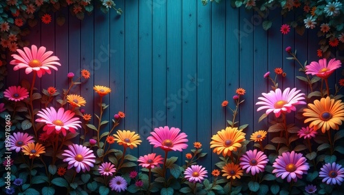 Colorful Daisies Against Teal Wood Background Floral Arrangement