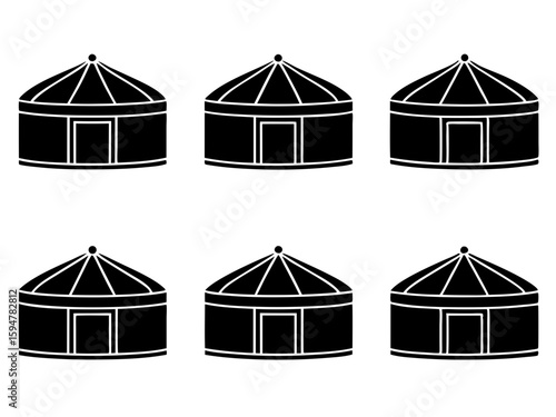 Six black yurt dwellings arranged in two rows
