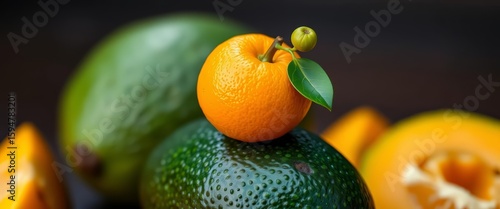 A vibrant orange rests on a ripe avocado; a small, unseen fruit sprouts from the orange's crown,  fresh, comical