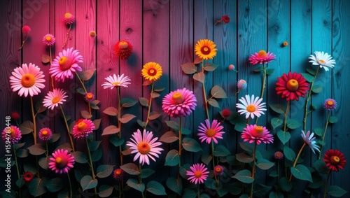 Colorful Daisy Flowers on Wooden Planks with Gradient Lighting