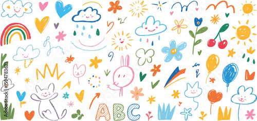 Whimsical Doodle Elements Childlike Flowers, Rainbow, Heart, Sun and Rabbit on White