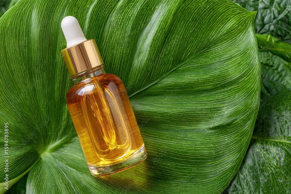 Fototapeta premium Luxurious golden serum in a glass dropper bottle rests on a vibrant green tropical leaf