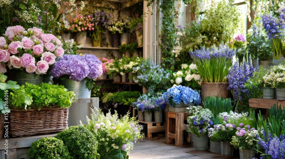 Fototapeta premium Colorful flower arrangements displayed in a flower shop.