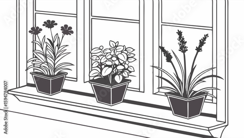 Black and white line art illustration of three potted houseplants on a windowsill in front of a window, perfect for home interior decor and botanical themes.