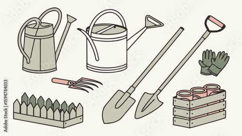 Clean vector illustration of essential gardening tools and supplies, featuring watering cans, shovels, a hand fork, gloves, and wooden planters with seedlings.