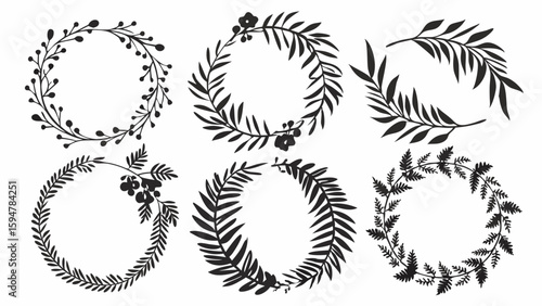 Six hand drawn black and white floral wreaths set. Botanical leaf and berry circular frames collection. Elegant rustic natural organic vector design elements.