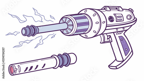 Detailed Retro Futuristic Ray Gun Blaster Illustration with Glowing Energy Muzzle and Detached Power Cell Cartridge in Clean Vector Line Art Style Isolated on White