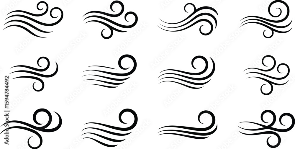 Fototapeta premium Black Swirls and Flowing Lines Collection on White Background Elements
