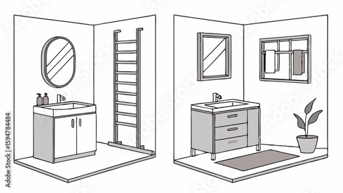 Modern bathroom interior design ideas. Two distinct contemporary layouts with vanities, mirrors, towel racks, and plants for stylish home decor.