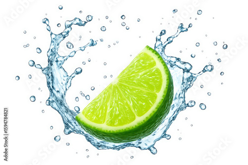 lime and water splashes for fresh drink decoration in summer isolated on white
