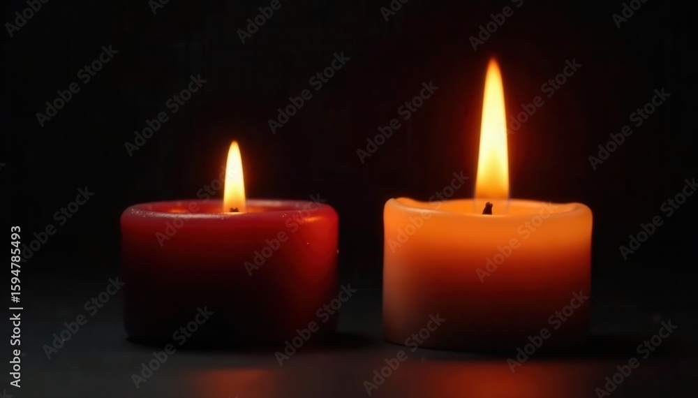 Two candles ignite each other, orange flame prominent against black , life, memory Two candles ignite each other, orange flame prominent against black , life, memory