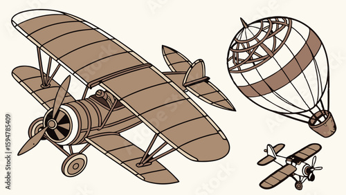 Vintage Aviation Art Classic Biplane Hot Air Balloon and Small Airplanes Retro Sepia Illustration of Old Flying Machines Blueprint Style