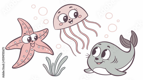 Cute cartoon marine animals illustration with a happy pink starfish smiling jellyfish and adorable gray seal pup in a pastel underwater scene with bubbles.