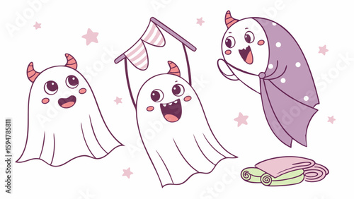 Adorable vector illustration of three happy cartoon ghosts with pink horns, one in a purple polka dot shawl, surrounded by stars and blankets. Playful Halloween art.
