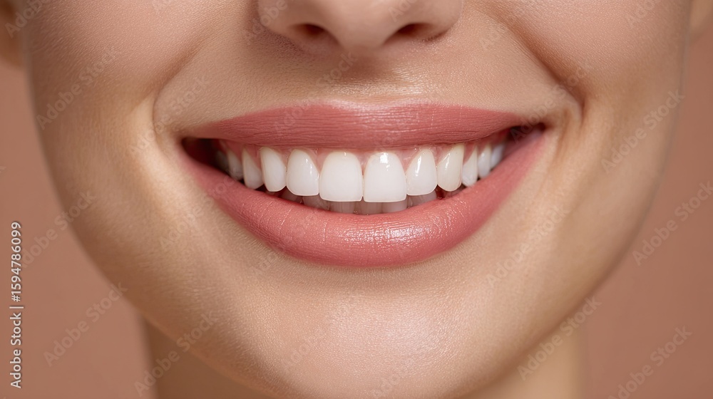 Obraz premium Close-up of a Smiling Woman with Healthy Teeth and Radiant Skin Against a Soft Background