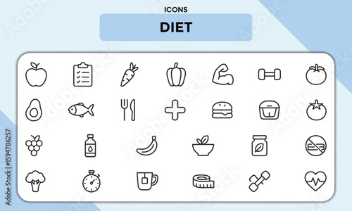 Diet Line Icons – Healthy Food, Nutrition, Weight Loss, Calorie Tracker, Meal Plan & Fitness Vector Set