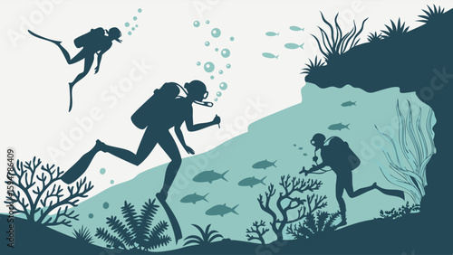 Underwater scuba divers explore a vibrant coral reef with fish and a steep cliff in a two-tone flat design silhouette vector illustration.